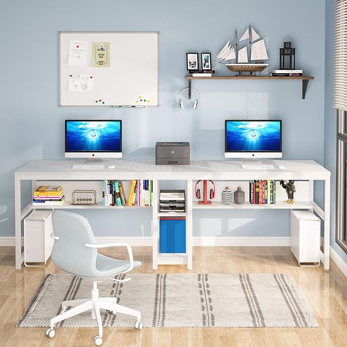 Tribesigns Two Person Desk with Bookshelf 78.7 Computer Office Double Desk for Two Person Rustic Writing Desk Workstation with Shelf for Home Office (White)