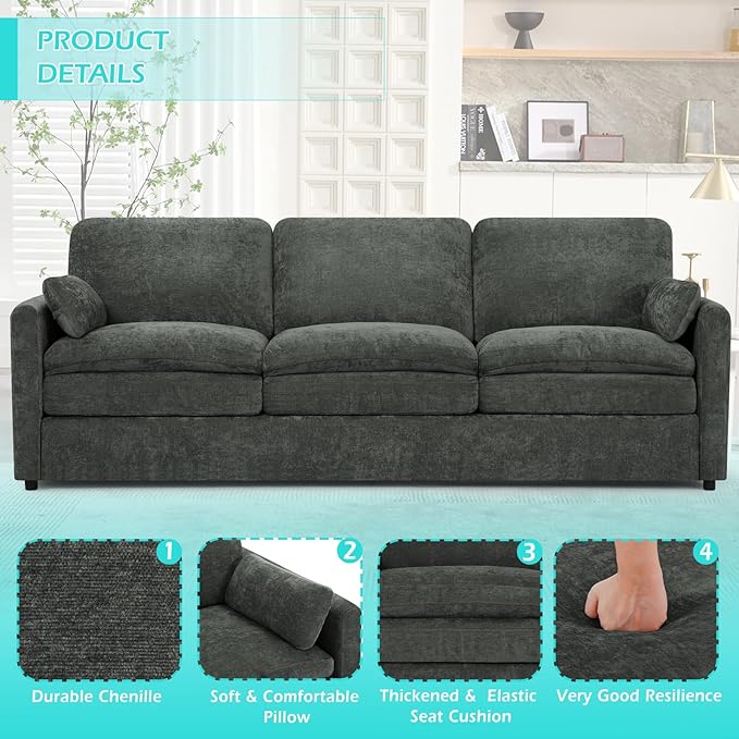 89” Chenille Sofa w/Arm Pillows Upholstered 3-Seater Sofa w/Comfortable Back Cushions Modern 3 Seats Couch w/High-Density Foam for Living Room Apartment Office Grey