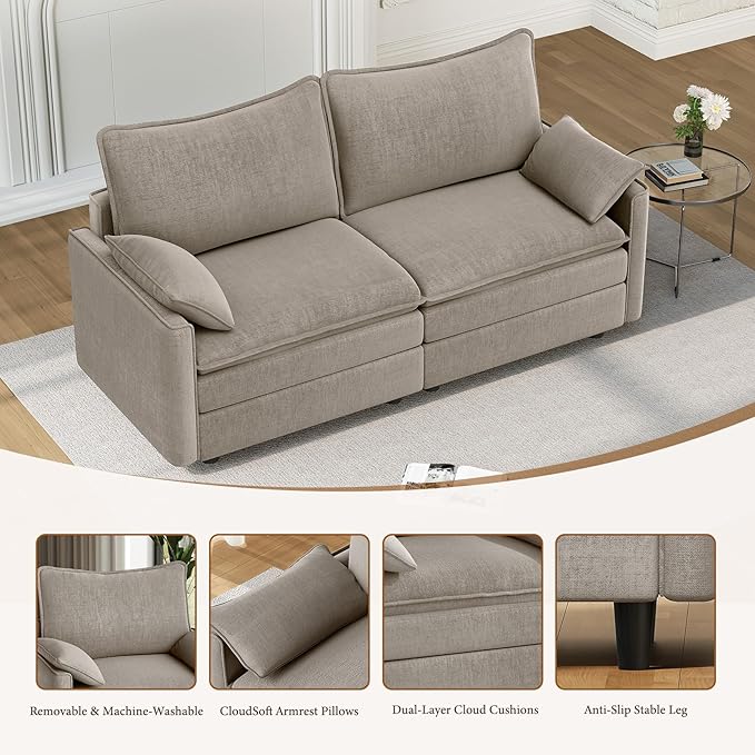 Vesgantti 74 Loveseat Sofa for Living Room Comfy Cloud Couch Deep Seat Chenille Modern 2 Seater Small Sofa with Armrest Pillow Easy Assembly for Small Spaces Light Brown