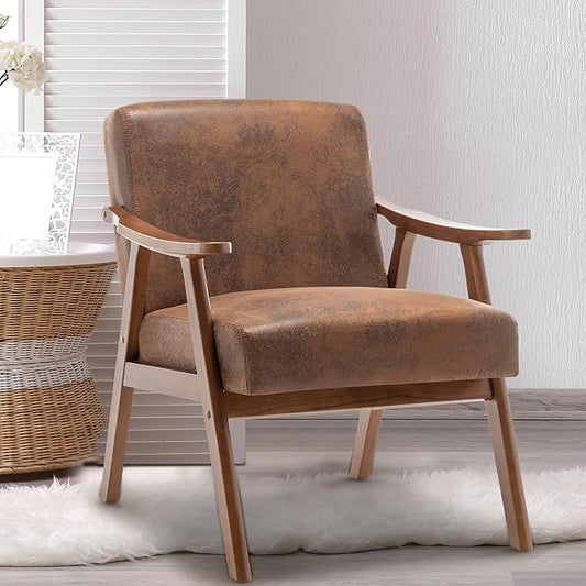 extrasleep Living Room Chair with Solid Wood Frame Mid Century Modern Chairs Brown Accent Chair Extra-Thick Backrest Wingback Chairs for Bedroom Reading Room Living Room Lounge Recliner Indoor