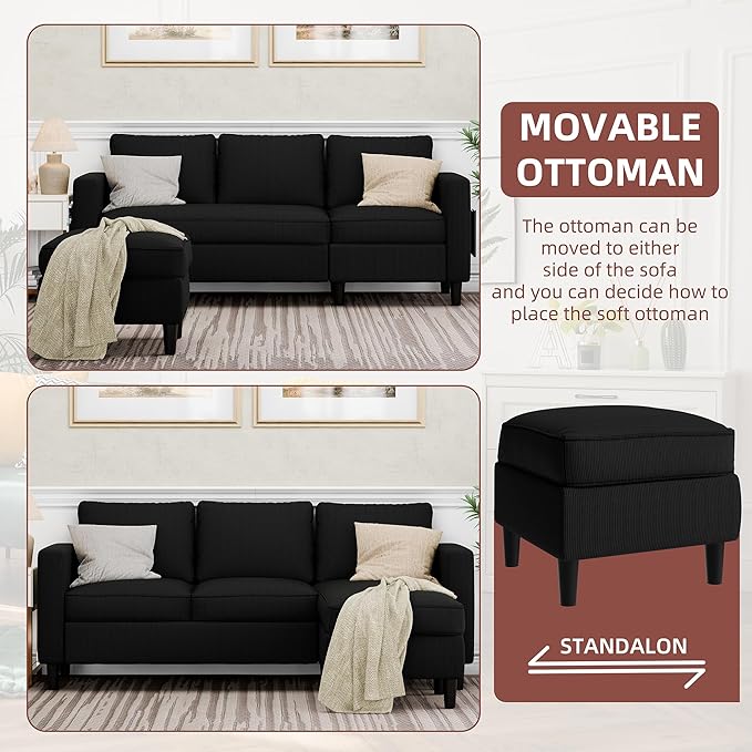 JAMFLY Sectional Sofa Couch Convertible L Shaped Sofas with Ottoman Small Sectional Couches for Living Room 3 Seater Couch for Small Spaces Black