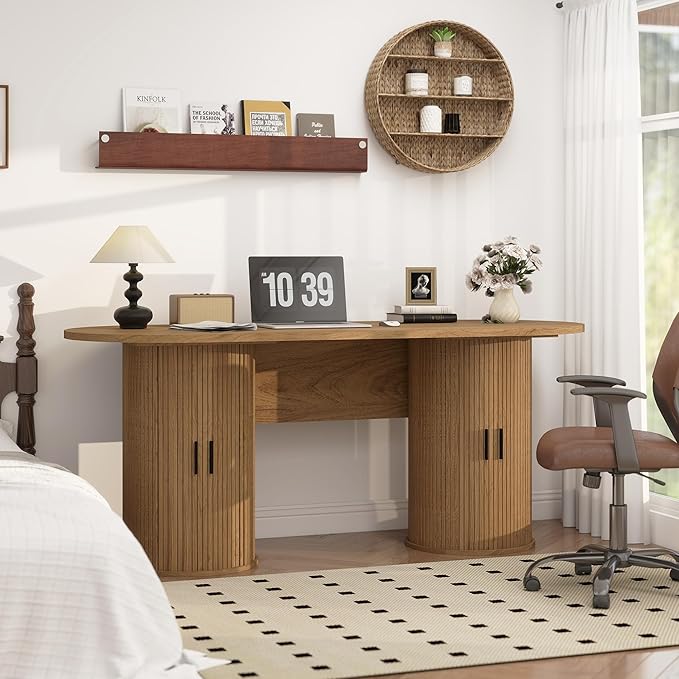 blini Executive Office Desk with Storage Fluted Wood Computer Desks with 2 Sliding Doors Mid Century Modern Oval Writing Table for Home Office Study Room Living Room