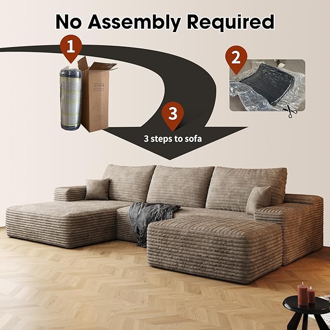 Oversized Corduroy Sectional Boneless Couch 108 W U Shaped Modular Sectional Sofa with Chaise/Ottoman No Assembly Required Compress Couches for Living Room (Camel 3 seater+Ottoman+Left Chaise)