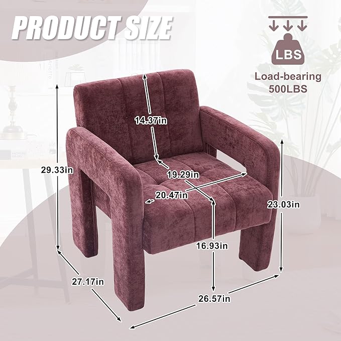 Neftis 26 W x 27 L Accent Chair for Living Room Wine Red Modern Minimalist Armchair with Chenille Fabric High-Density Foam Wide Comfy Leisure Armchair for Bedroom/Office/Apartment