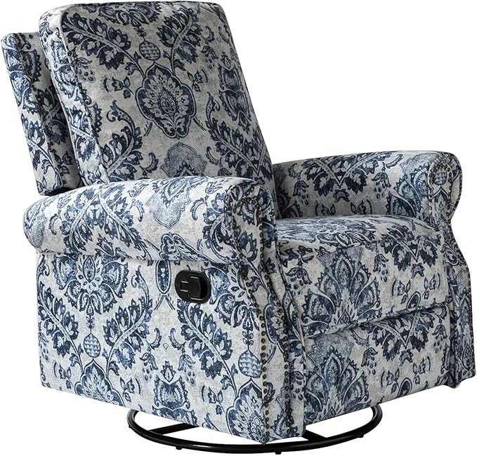 HULALA Home Modern Rocker Recliner Printed Fabric Swivel Glider with Adjustable Backrest &amp Footrest Comfy Upholstered Manual Recliner Chair Home Theater Singe Sofa for Bedroom Living Room Damas