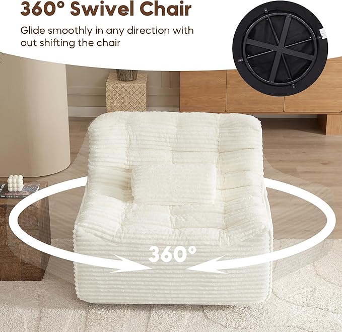 Vyneltio Oversized Swivel Accent Chair Corduroy Upholstered Book Nook Chair Big Lazy Sofa Chair for Living Room Bedroom Dorm Office-Beige
