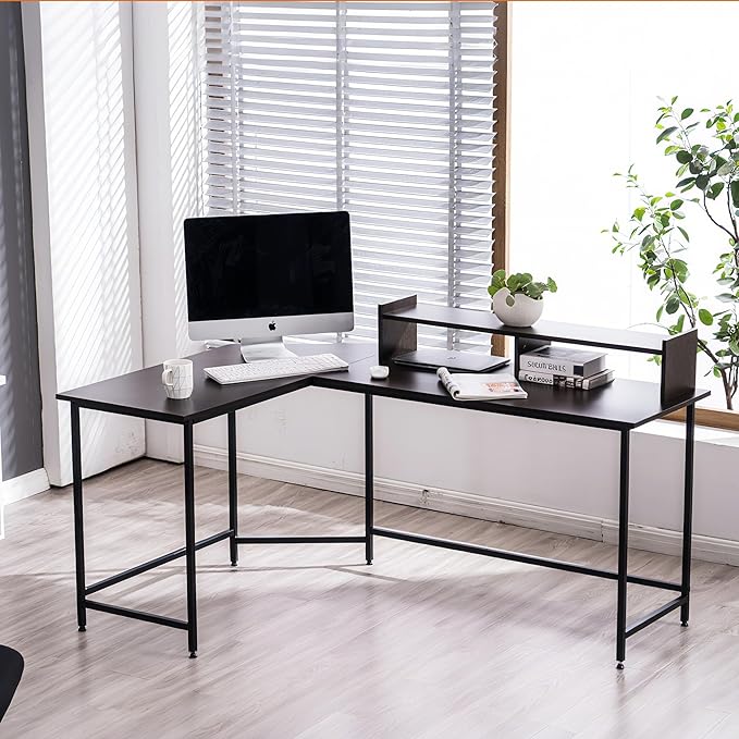ivinta L Shaped Desk 62.2 Modern Corner Computer Desk with Monitor Stand for Small Spaces Living Room Home Office Bedroom 6404 (Dark Brown)