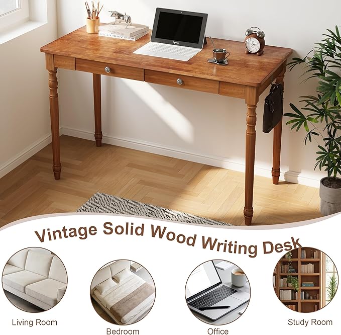 Vintage Solid Wood Writing Desk - 47.2 Mid Century Modern Desk with 2 Drawers Wooden Computer Desks for Home Office Large Secretary Desks Traditional Vanity Dressing Table for Bedroom Walnut