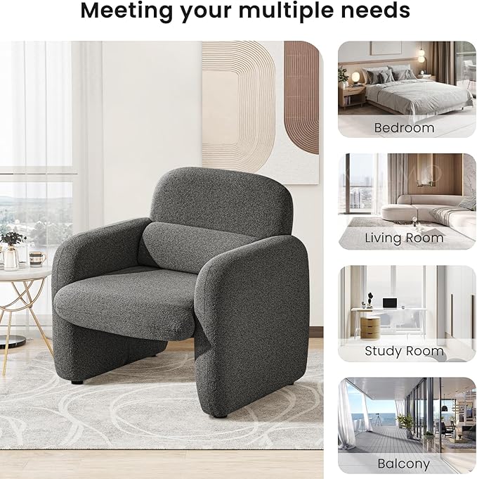 Furniliving 30.5 Accent Chairs Chenille Fabric Living Room Chair Comfy Upholstered Armchair Single Sofa Chair with a Waist Pillow for Bedroom/Office/Reading Spaces Dark Grey