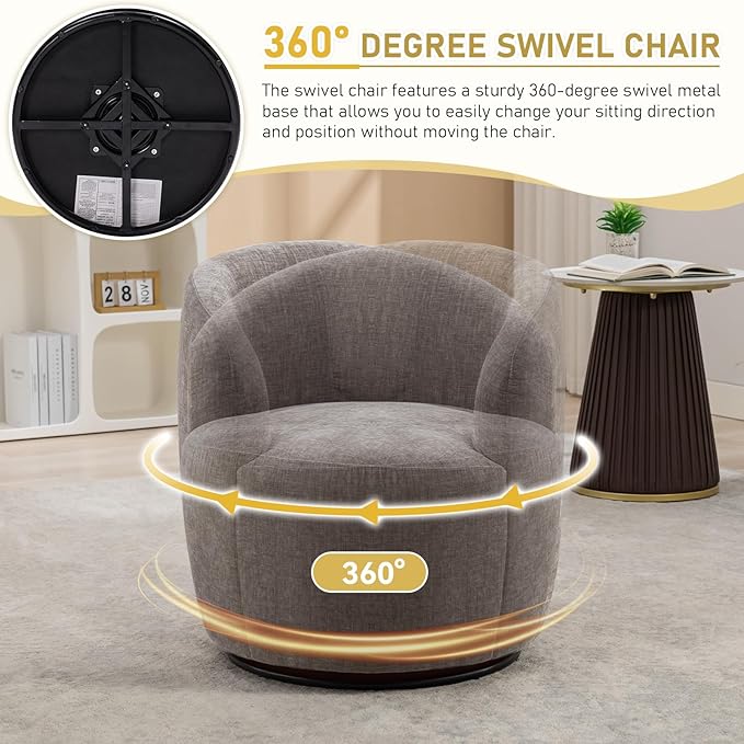 Swivel Accent Chair360 Degree Chenille Small Swivel Barrel ChairUpholstered Comfy Arm ChairModern Round Swivel Bucket ChairSingle Sofa Chair for Living RoomBedroomNursery(Grey)