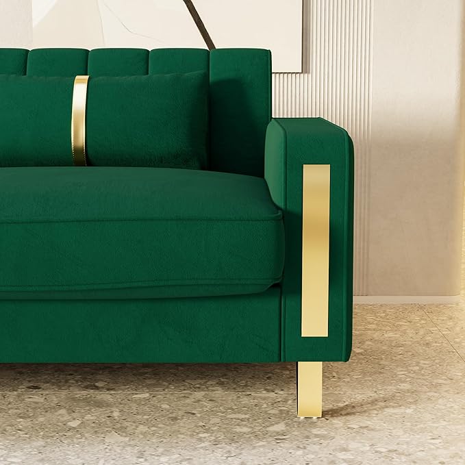 85.63 Modern Green Velvet Sofa with Gold Metal Legs Large Upholstered Comfy 3 Seater Couches for Living Room Bedroom Office (Green)