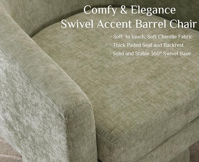 Modern Green Swivel Accent Chair Upholstered Chenille Barrel Chair Boucle Vanity Reading Chair Cozy Round Single Sofa Arm Chair Club Side Chairs for Bedroom/Waiting/Living Room