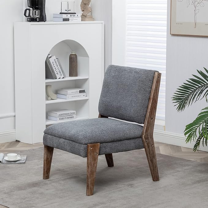 Chenille Single Accent Chair Wooden Legs Padded Upholstery High Density Foam Small Modern Armless Chair for Living Room Bedroom Dark Grey