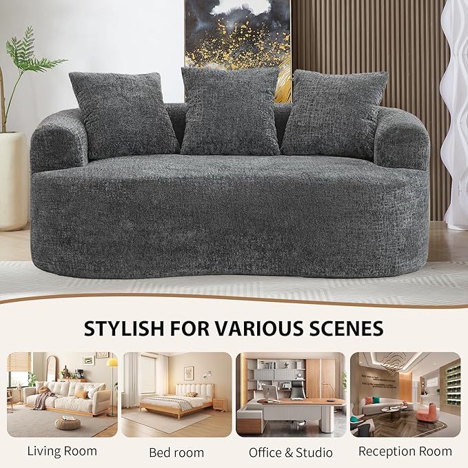64 Small Loveseat Sofa Mordern Curved Chenille Couch with 3 PillowsNo Assembly Needed Comfy Cloud Loveseat Couch for Small SpacesLiving Room Apartment Full Compression Sponge (Grey 64 Inch)
