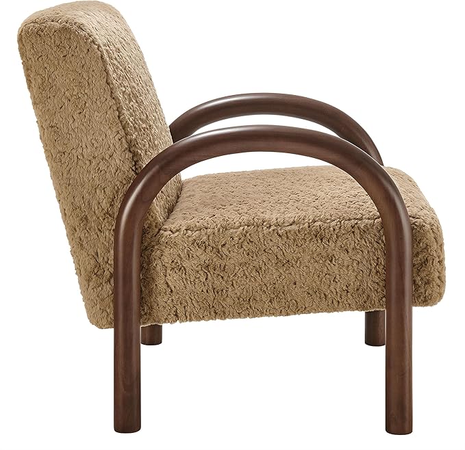 Modway Lunet Faux Shearling Upholstered Accent Chair in Sand – Modern Fuzzy Lounge Armchair with Arched Wood Arms