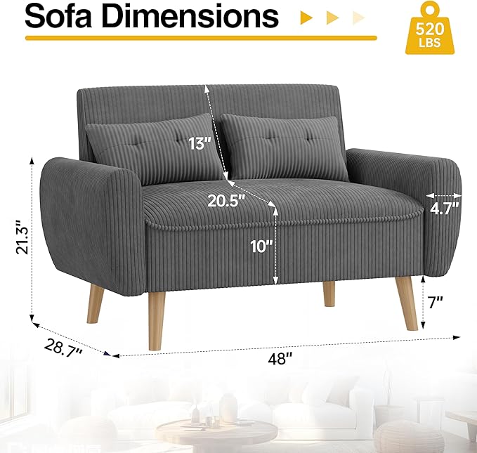 JAMFLY 47'' Small Loveseat Sofa 2 Seat Compact Couch with Tapered Legs Dark Grey Upholstered Furniture Solid Wood Frame Comfy Foam Cushion Easy Assembly for Small Spaces