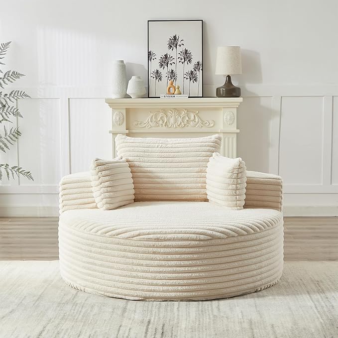 55 inch Chaise Lounge Chair Indoor Oversized Round Accent Chair Modern Corduroy Sponge Single Sofa Fluffy Sleeper Chair Deep Seat Comfortable Chair for Living Room Bedroom Apartment Beige