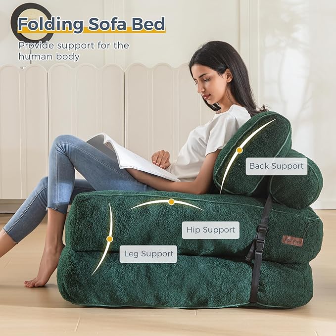 MAXYOYO Folding Sofa Bed Convertible Sleeper Chair with Pillow Portable Fold Out Sofa Couch Boucle Fabric Comfy Foldable Mattress with Back Support for Living Room Apartment