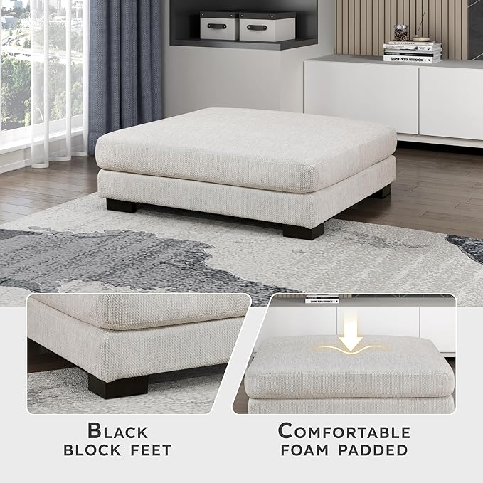 Lexicon 45 Modern Ottoman Textured Microfiber Square Ottoman Living Room Foot Rest Module for Sectional Sofa Foot Stool for Living Room/Bedroom Assembled Beige