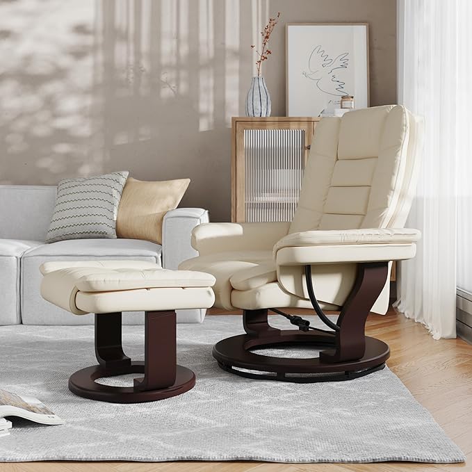 Flash Furniture Bali Contemporary Multi-Position LeatherSoft Recliner Chair with Ottoman 360-Degree Swivel Recliner Chair/Ottoman Set Beige