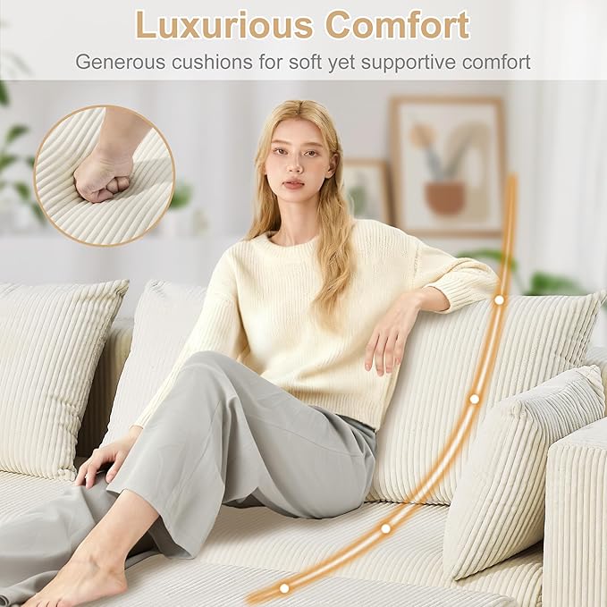 Redlife 117 Modular Sectional Sofa with Ottoman L Shaped Modular Couch Large Sectional Couches Corduroy Combination Sofas for Living Room Apartment Bedroom No Assembly Required Beige
