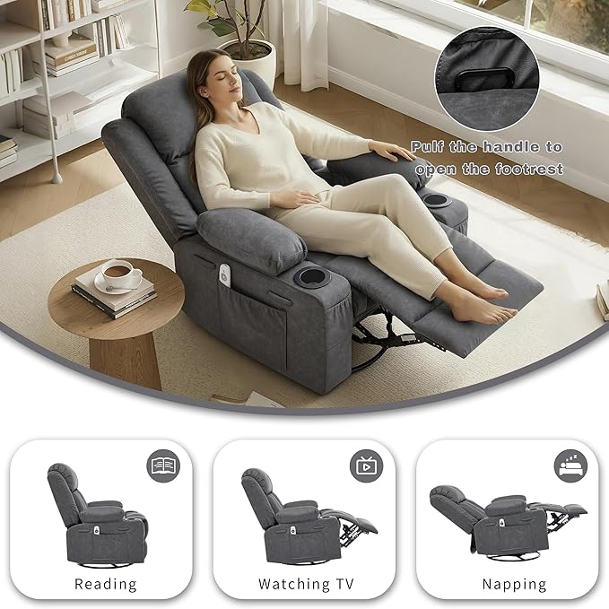 Rocker Recliner Chair with Heat and Massage360°Swivel Recliner Chair for Adults ElderlyOversized Recliner Single Sofa Seat with 2 Cup Holders and Side Pocket (Grey)