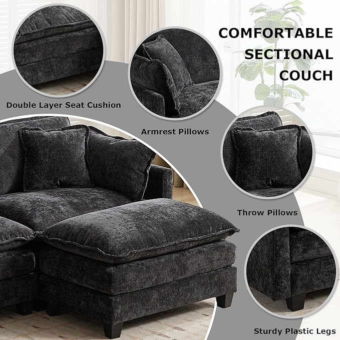 SoarFlash 113.78 Chenille Sectional Sofa Comfy L Shaped Modular Coush Sofa with Ottoman Modern 4 Seat Couch Deep Seat Sofa Set for Living RoomBlack