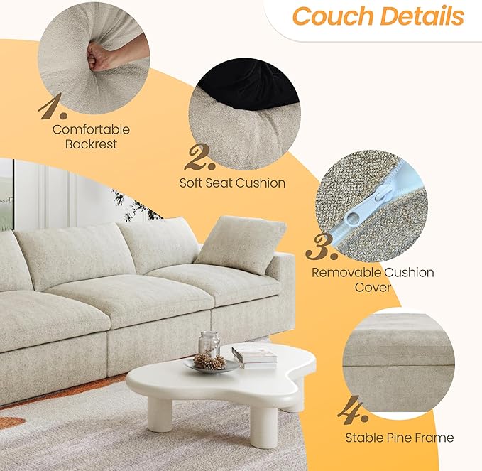 JACH 3-Seater Cloud Modular Sectional Couches Convertible Couch Cushion Covers Removable Cloud Sofa Sectional Sofas for Living Room Bedroom Apartment (Khaki)