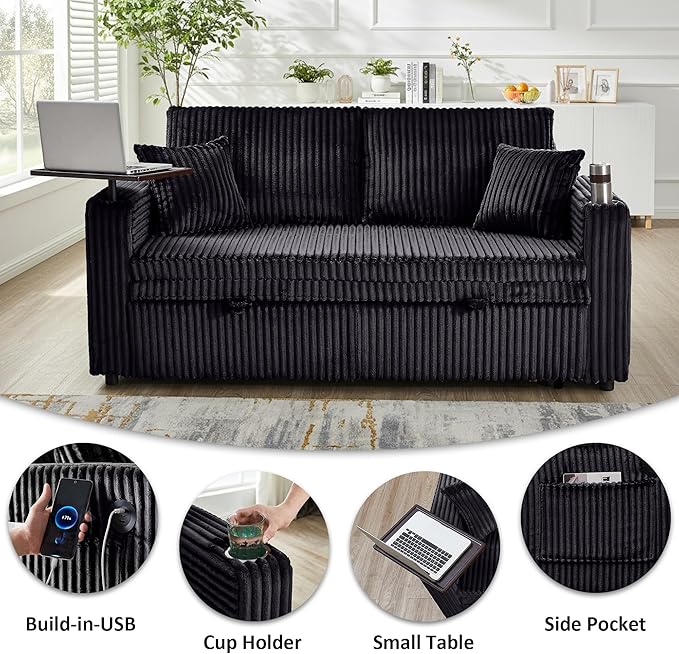 65in Sleeper Sofa Bed Convertible Pull Out Couch with Small Table| USB Port | Cup Holder | Corduroy Fabric | Adjustable Backrest for Apartment Office Bedroom Guest Room (Black)