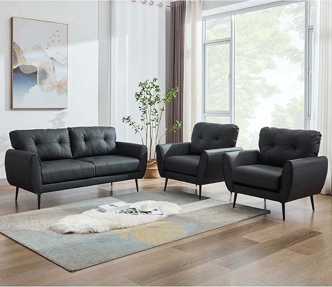 TYBOATLE Sofa Couch 61 Small Loveseat Couches for Living Room Leather Couch Mid Century Modern Tufted Mini Sofa Comfy Office 2 Seat Settee Love Seat for Small Spaces Bedroom (3 Black)