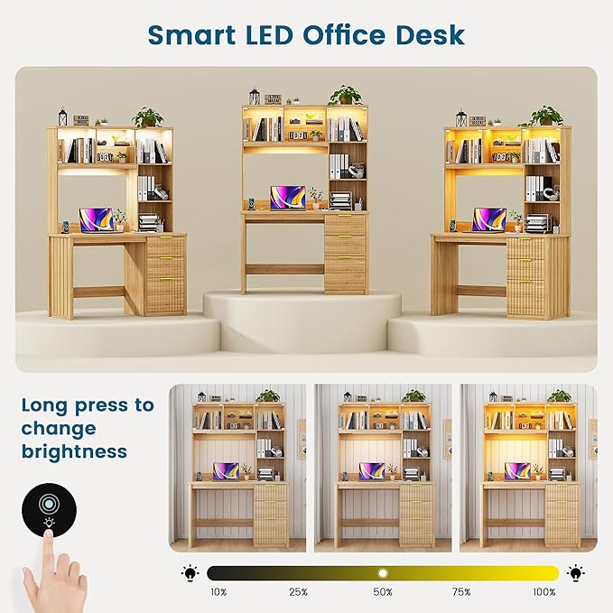 Standing Desk with LED Light for Office Room Smart Computer Desk with Hutch and Drawer for Game RoomModern Study Table with 2AC Port Charging Station/Lamp/for Bedroom (Wood)