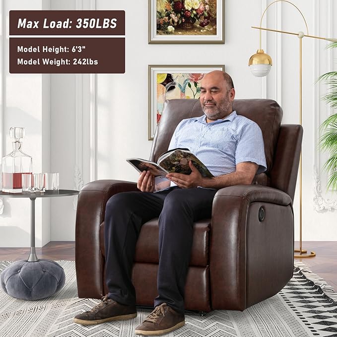 Electric Recliner Chair Soft PU Leather Power Recliners with Padded Backrest Single Overstuffed Heavy Duty Reclining Sofa for Living Room Bedroom Brown