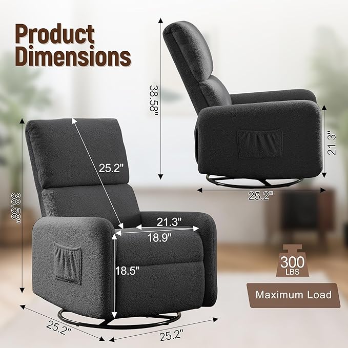 360° Rocking Chair Nursery Rocker Chair with Side Pockets Glider Nursing Chair with Steel Structure Base Small Chair for Small Spaces Sherpa Swivel Accent Chairs for Living Room Nursing