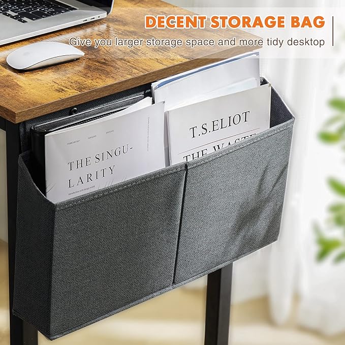 Sweetcrispy Computer Office Desk 63 Inch Student Study Writing Work with Headphone Hooks &amp Storage Bag Modern Simple PC Home Bedroom Table Rustic Brown