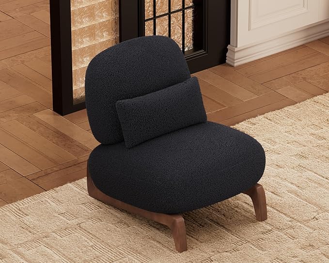 Morden Fort Sherpa Boucle Chair Single Tilted Modern Wood Chair with Thick Cushion Comfortable Lumbar Pillow Armless Reading Accent Chair Compatible with Sofa Set Couch for Living Room Black