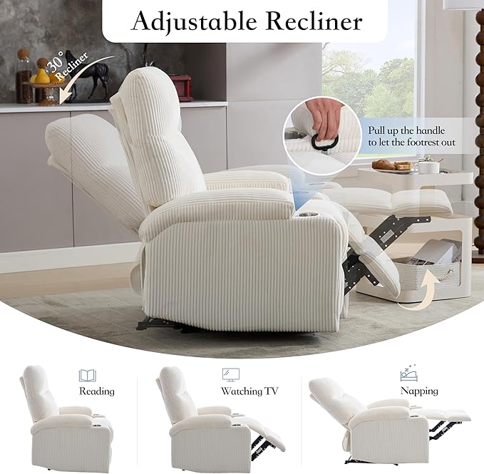 Manual Recliner Chair with Pull Ring 3 Position 140° Reclining Sofa for Living Room Nursery RV and OfficeOversized Recliner Chairs for Adults(White Corduroy Fabric)