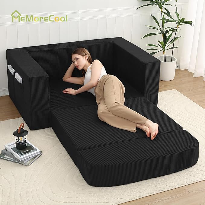 MeMoreCool Convertible Sofa Bed Pull Out Loveseat Sleeper Sofa Small Boneless Cloud Couch Bed for Adults Fold Out Foam Love Seat Black Corduroy Folding Floor Couch for Bedroom