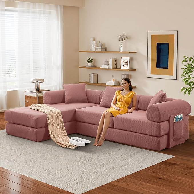 L Shaped Convertible Modular Boneless Sofa Bed with Cylindrical Pillow Corduroy Folding Floor Sofa Couch Bed with Fixed-Shape Frame &amp Storage Pocket for Living Room Pink