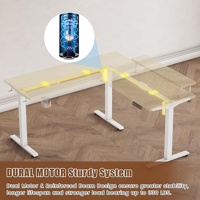Flycity Electric L Shaped Standing Desk with File Cabinet 59 x 59 Corner Computer Desk with Drawers Dual Motor Stand Up Desk with Storage Home Office Standing Desk Adjustable Height Maple