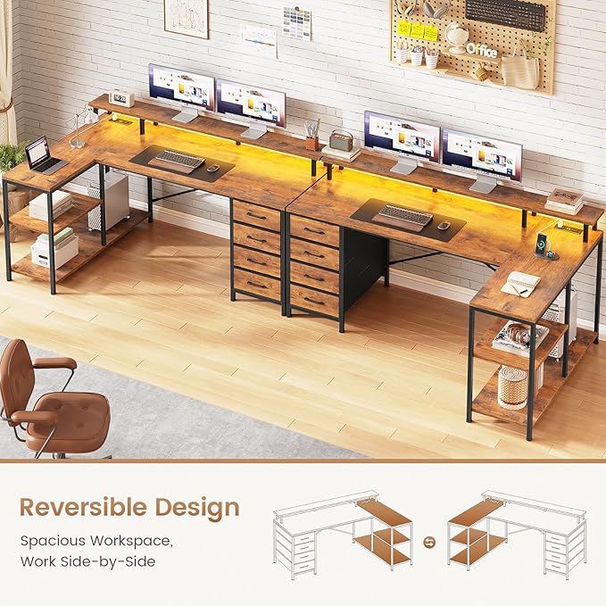 SEDETA L Shaped Desk with 4 Drawers and Storage Shelves L Shaped Gaming Desk with LED Lights &amp Power Outlets Computer Desk with Shelves &amp Drawer Corner Desk Home Office Desk Rustic Brown