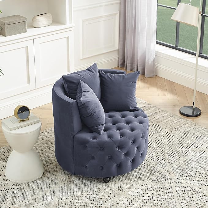 360° Swivel Accent Barrel Chair Velvet Comfy Round Chair with Button Tufted Design &amp 4 Moveable Wheels Upholstered Modern Lounge Reading Chairs for Living Room Bedroom Apartment Clubs(Grey)