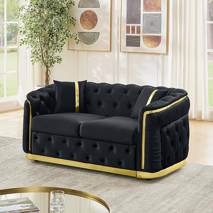 62.6 Mid Century Modern Loveseat Chesterfield Sofa Couch Black and Gold Couch Velvet Button Tufted Luxury Couches for Living Room with Golden Decor &amp 2 Pillows Black | StainlessSteel Decor Ele