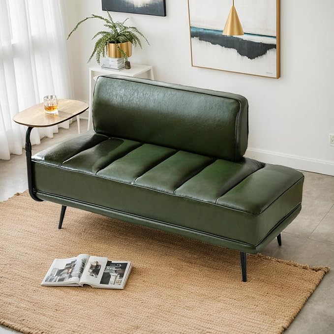Anwick 55 PU Leather Small Sofa Loveseat Couch with Side Table Modern Upholstered Bed End Bench with Back for Bedroom Living Room Office Entryway (Green)
