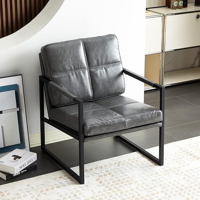 Light Grey PU Leather Leisure Black Metal Frame Recliner Chair for Living Room and Bedroom Furniture