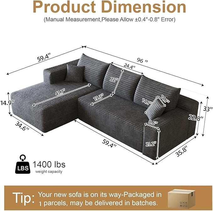96 Sectional Couches for Living Room Modern Modular Sofa with L-Shape Couchs Upholstered Boneless Couch Deep Seat Sectional Couch with Chaise (Dark Grey 96 Left Facing Chaise+2Seaters)