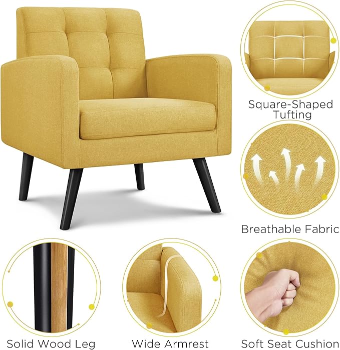 Yaheetech Mid-Century Accent Chairs Modern Upholstered Living Room Chair Cozy Armchair Button Tufted Back and Wood Legs for Bedroom/Office/Cafe Set of 2 Yellow