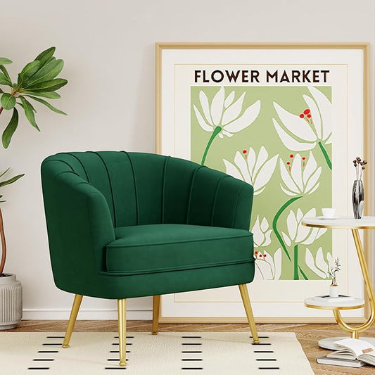 Velvet Accent Chairs for Living Room Bedroom Office - Upholstered Single Sofa Arm Chair with Metal Legs Green