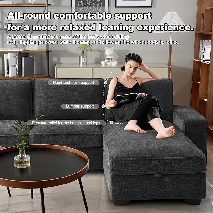 COOSLEEP 99” L-Shape Convertible Sectional Couches Sofas with 190L Storage Chaise Chenilee Sofas with Removable Cushion and Detachable CoverUSB Charging for Living Room(Dark Grey)