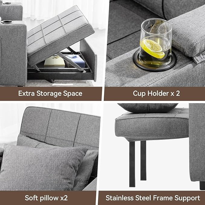 LUCKLIFE 3-in-1 Sleeper Chair BedPull-Out Convertible Sofa Bed Armchair with Cup HoldersSide Pocket and Under-Bed Storage for Living Room&ampBedroom (Grey)