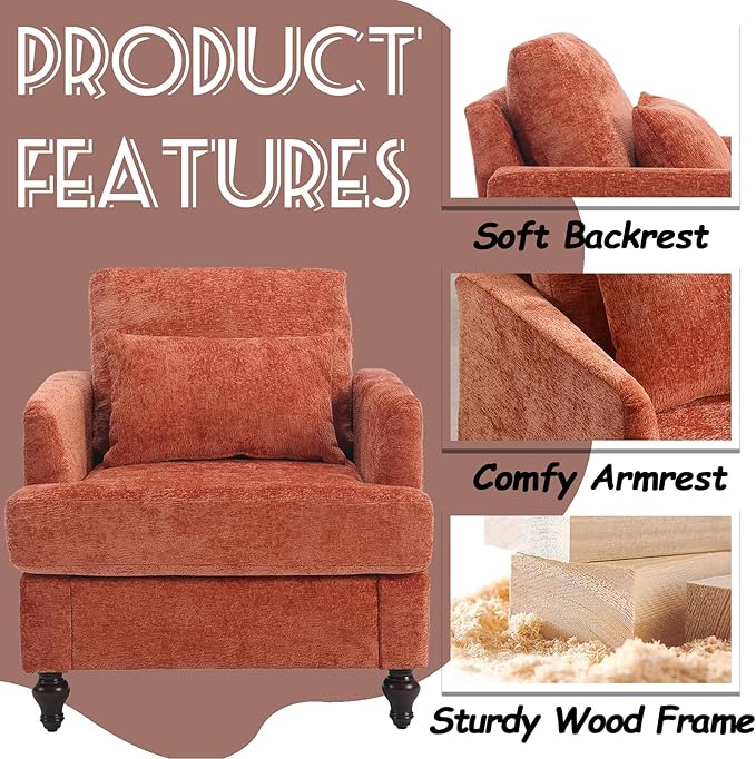 Oversized Accent Chair with Lumbar Pillow Upholstered Side Chairs for Living Room Bedroom Comfy Reading Chairs for Adults with Wide Seat Thick Cushion Soft Chenille (Dark Orange)